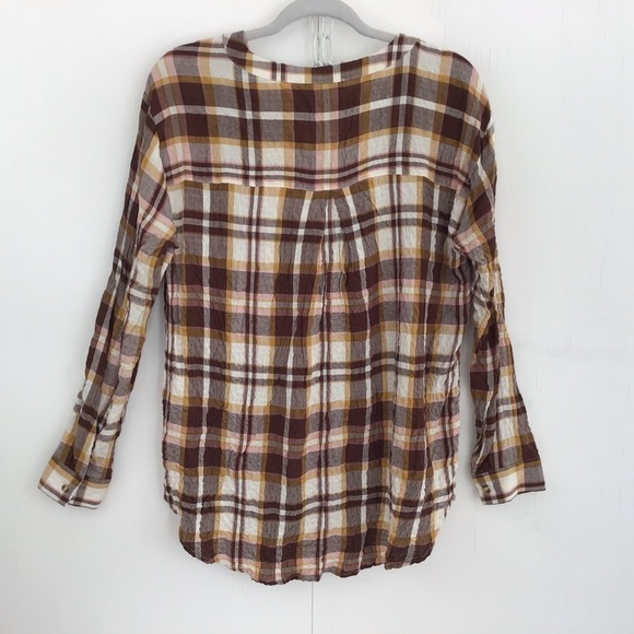 Jane & Delancey brown plaid wrinkled rayon open neck long sleeve tunic S -M NWT - Picture 4 of 7